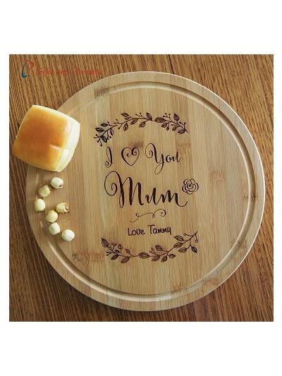 Personalised Engraved Bamboo Round Serving Board, dia 28cm -Gift for Mum & Grandma -Birthday gift for Mum - Mothers day gift -I love you Mum