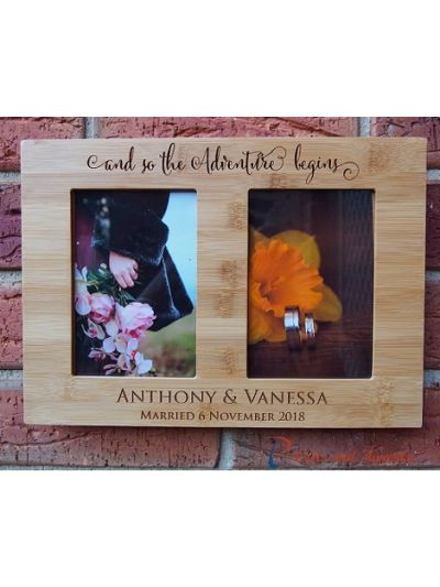 Personalised engraved wall/desk bamboo photo frame-hold two 4x6" photos-Wedding Gift-Engagement Gift-Gift for couple-so the adventure begins