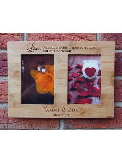 Personalised Engraved Wall/Desk bamboo photo frame-hold two 4x6" photos-Wedding Gift-Engagement Gift-Gift for couple-Love begins in a moment