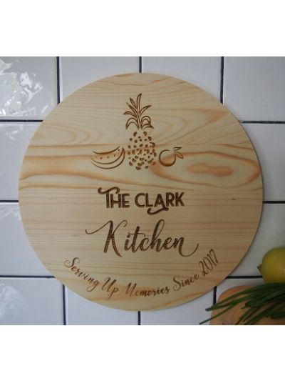 Personalised Engraved Solid Pine Wooden Decoration - Round shape diameter 30cm, thickness 1cm - The Clark Kitchen, serving up memories