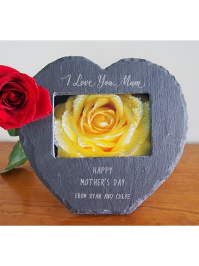 Personalised engraved heart shape photo frame, natural edge 25X23X0.7cm- hold 6 x 4" (15 x 10cm photo) - Happy Mother's Day