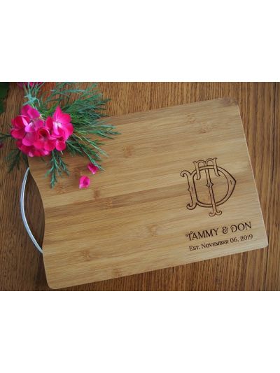 Personalised Engraved Bamboo rectangular chopping board with stainless steel handle - 35x25x1.5cm - Design 1 - Wedding Gift - Anniversary Gift - Engagement Gift - Gift for Couple