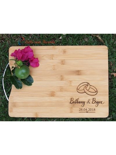 Personalised Engraved Bamboo rectangular cutting board S/S handle- Wedding gift -Anniversary gift- Gift for couple- 2 rings - 2 names & date