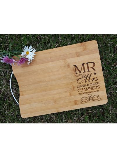 Personalised Engraved Bamboo rectangular chopping board with stainless steel handle - 35x25x1.5cm - Design 2 - Wedding Gift - Anniversary Gift - Engagement Gift - Gift for Couple