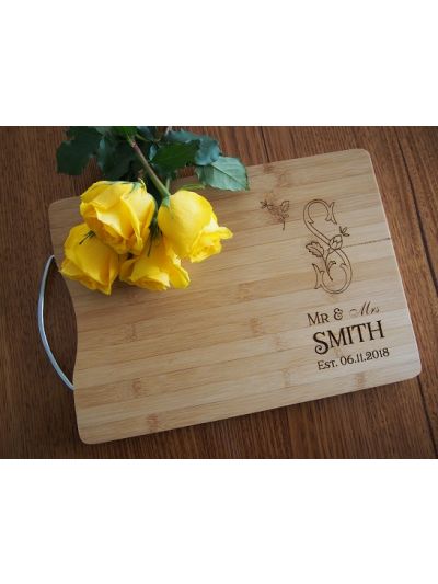Personalised Engraved Bamboo rectangular chopping board with stainless steel handle - 35x25x1.5cm - Design 3 - Wedding Gift - Anniversary Gift - Engagement Gift - Gift for Couple