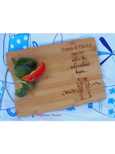Personalised Engraved Bamboo rectangular chopping board with stainless steel handle - 35x25x1.5cm - Design 5 - Wedding Gift - Anniversary Gift - Engagement Gift - Gift for Couple - and so the adventure begins... - running couple