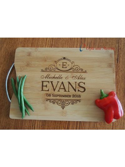 Personalised Engraved Bamboo rectangular chopping board with stainless steel handle - 35x25x1.5cm - Design 8 - Wedding Gift - Anniversary Gift - Valentines gift- Gift for the Couple - 2 first names and surname