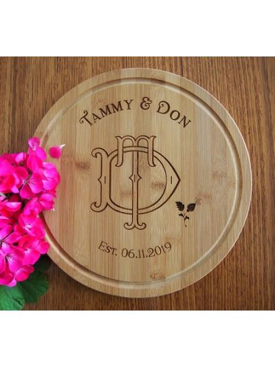 Personalised Engraved Bamboo Serving Board, Round Shape diameter 28cm, thickness 1.4cm - Design 3 - Wedding gift - Anniversary gift - Gift for couple